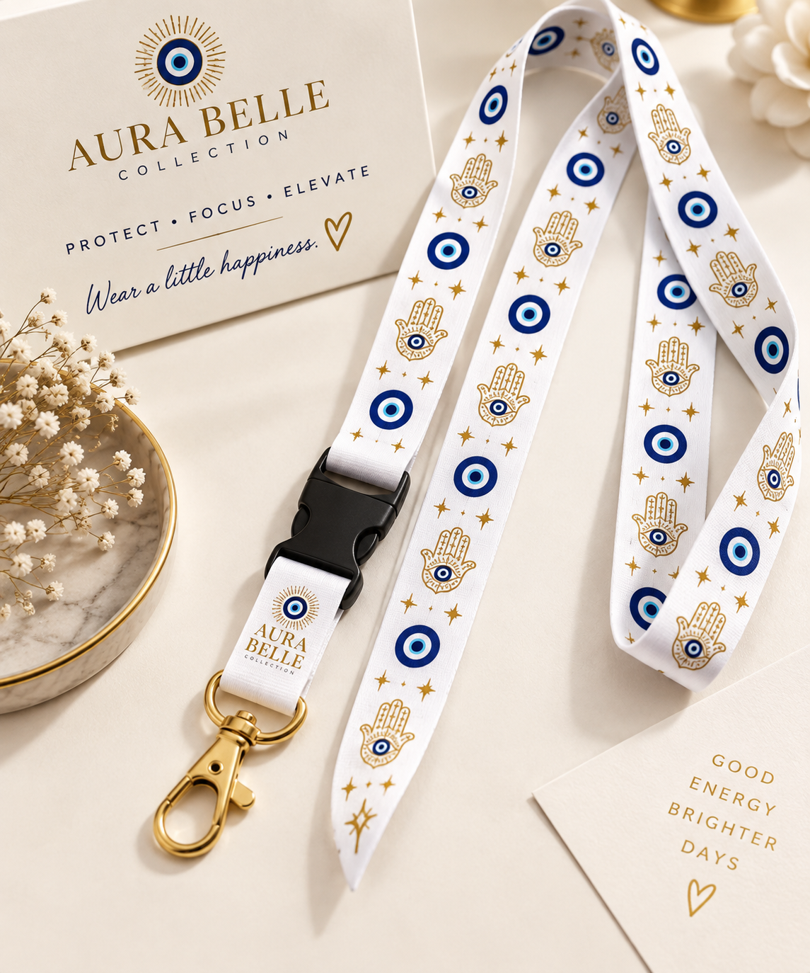 Aura Belle Signature Evil Eye Lanyard - White