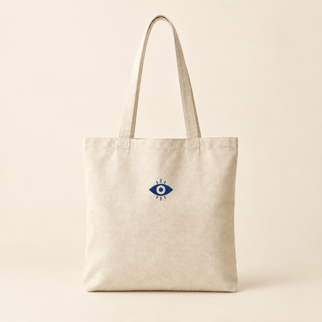 Evil Eye natural ivory canvas tote mockup