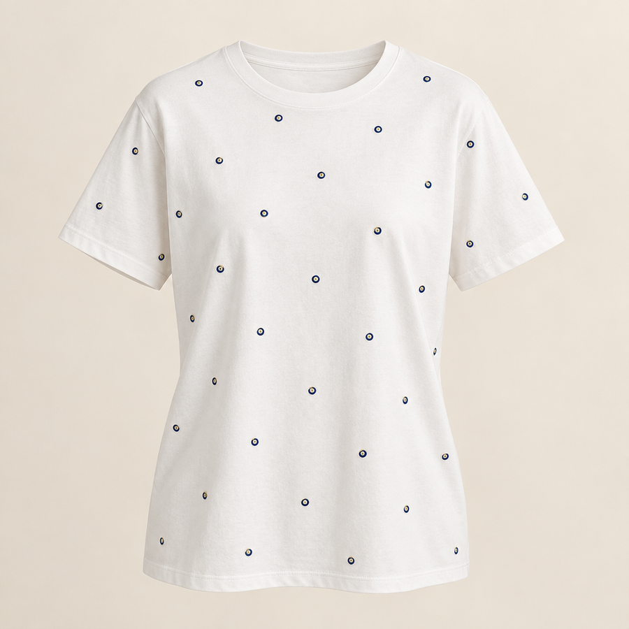 White Aura Belle tee concept with tiny Evil Eye dots