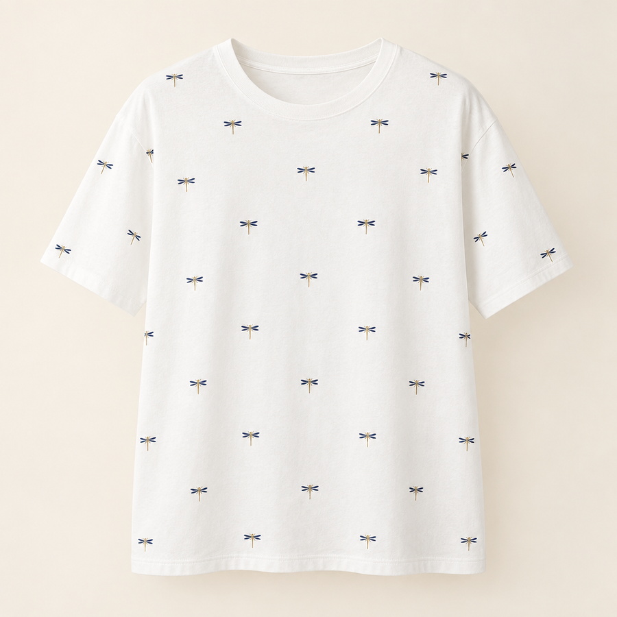 White tee with tiny dragonflies