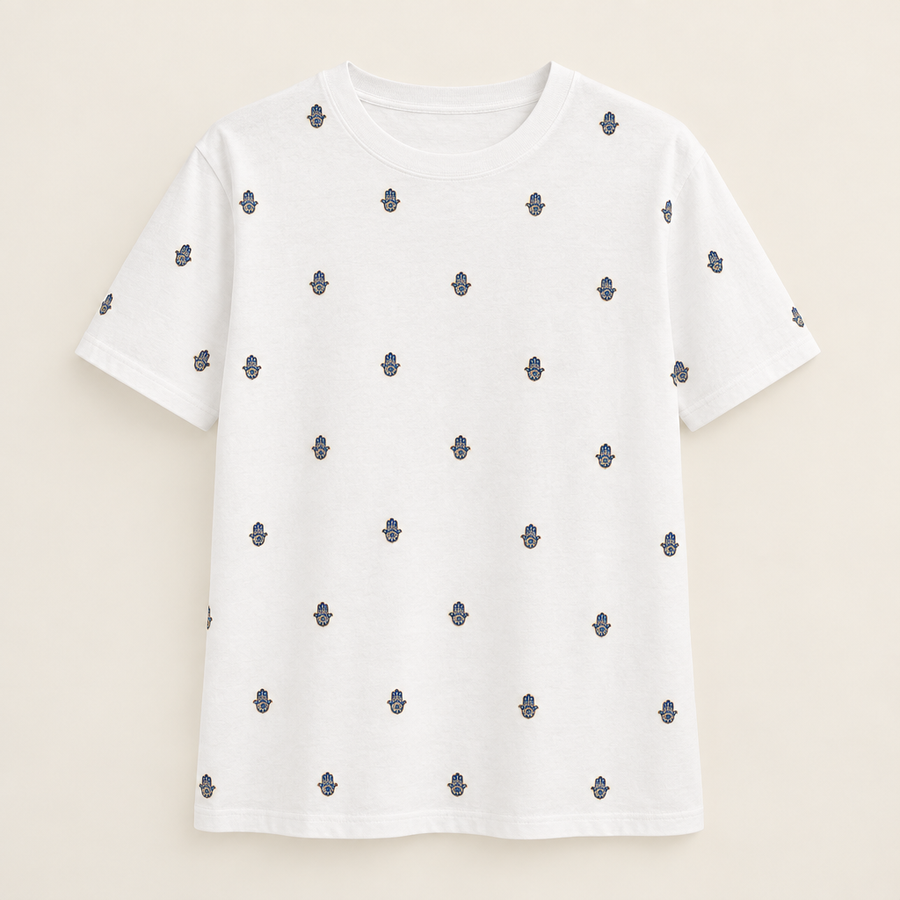 White tee with tiny Hamsas